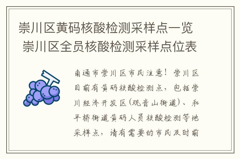 崇川区黄码核酸检测采样点一览 崇川区全员核酸检测采样点位表