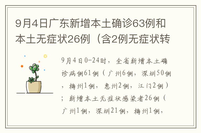 9月4日广东新增本土确诊63例和本土无症状26例（含2例无症状转确诊）
