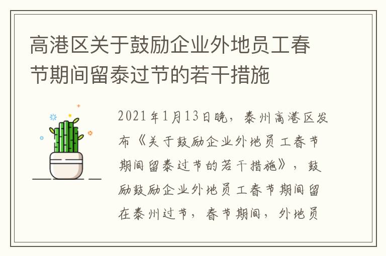 高港区关于鼓励企业外地员工春节期间留泰过节的若干措施