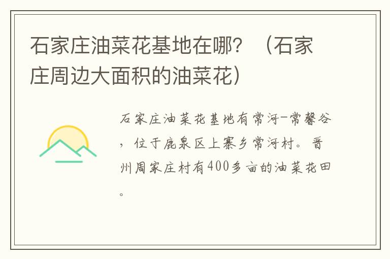 石家庄油菜花基地在哪？（石家庄周边大面积的油菜花）