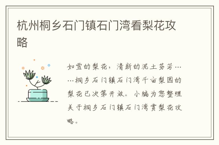 杭州桐乡石门镇石门湾看梨花攻略